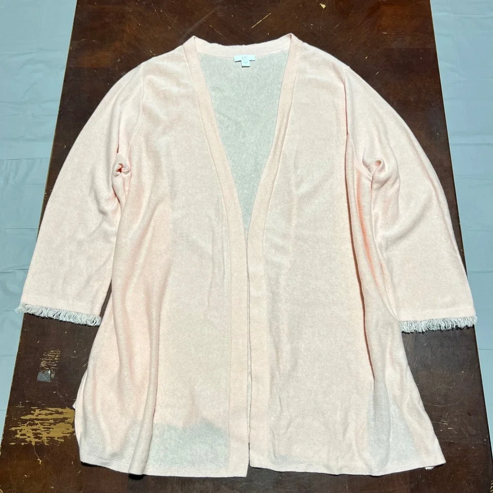 J. Jill Pink Linen Blend Fringe Cuff Open Front Cardigan Sweater Large SSW154411